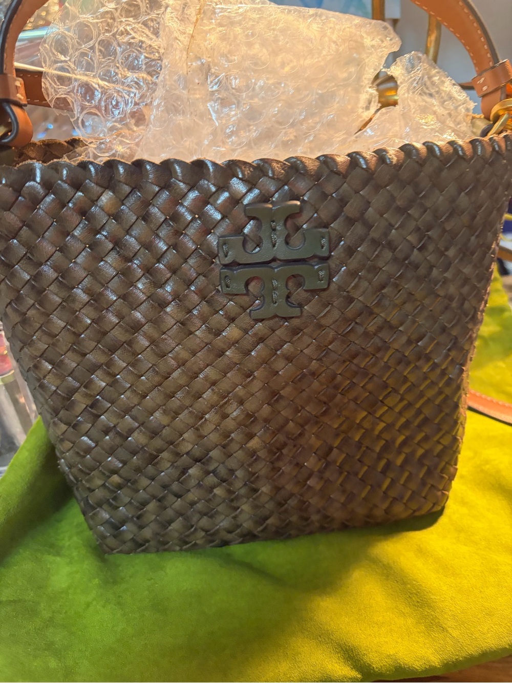 Tory Burch Brown trim Olive Woven Leather GOLD TONE        BUCKET BAG
